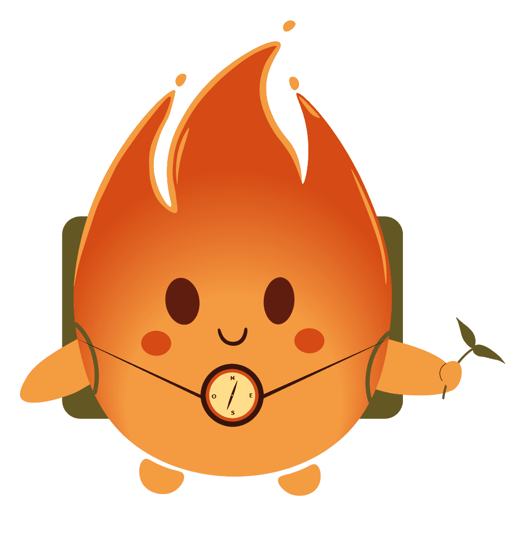Ember, la mascotte d'Emberway, avec son sac à dos et sa boussole